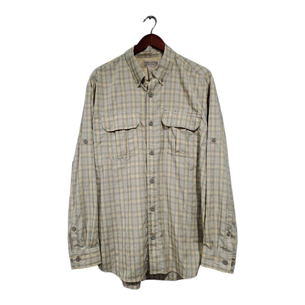 Duluth Trading Co. Men's Large Yellow Gray Plaid Light Fishing Shirt But…